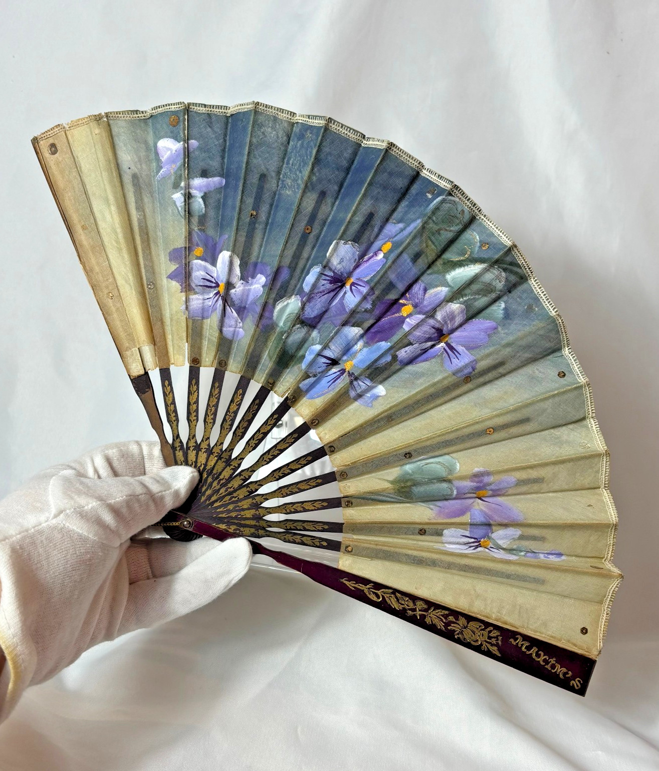 Maxim's France vintage linen folding fan purple pansy sequins