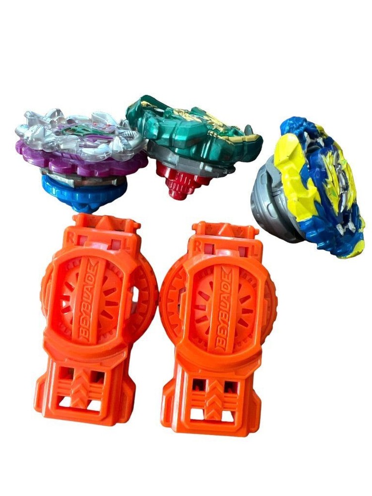 Three Beyblade Tops with 2 Plastic Launchers Hyper Sphere Infinty, Shock Typhon