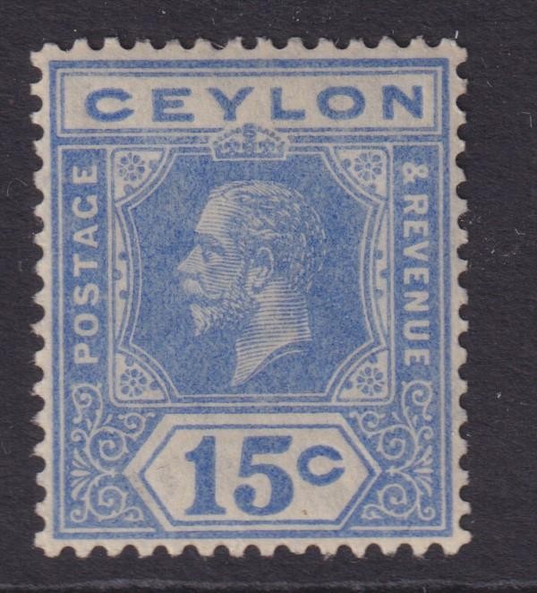 CEYLON, 1922 KGV Script CA, 15c. Ultramarine, lhm.