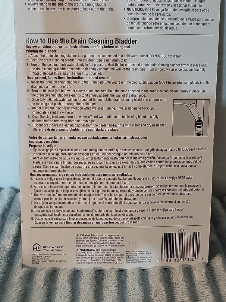 Cobra Drain Cleaning Large Bladder Clogged Sewer Pipe Garden Hose Plumbers Tool