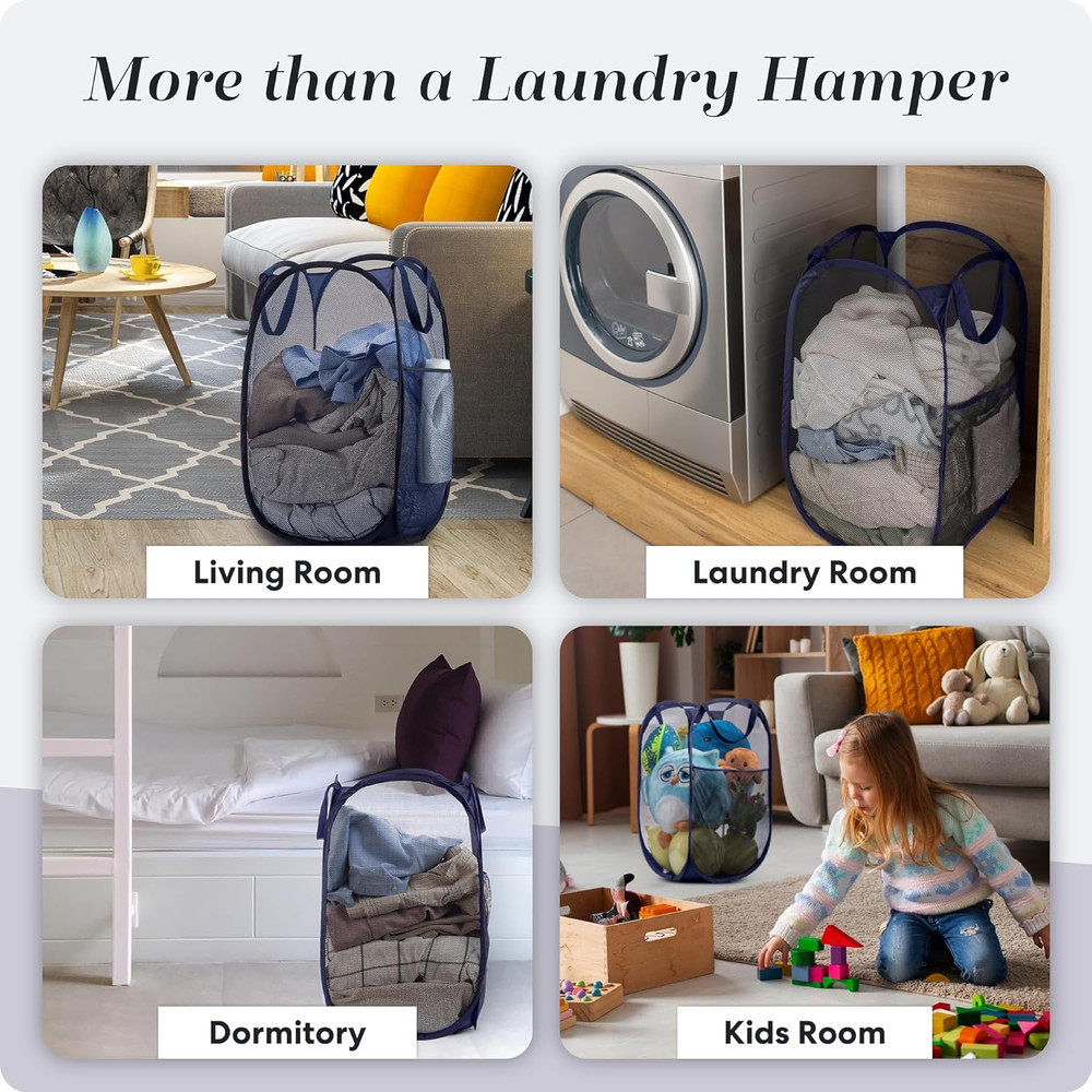 2 Pack Pop Up Laundry Hamper – Foldable Mesh Basket with Pocket, Blue, Portable