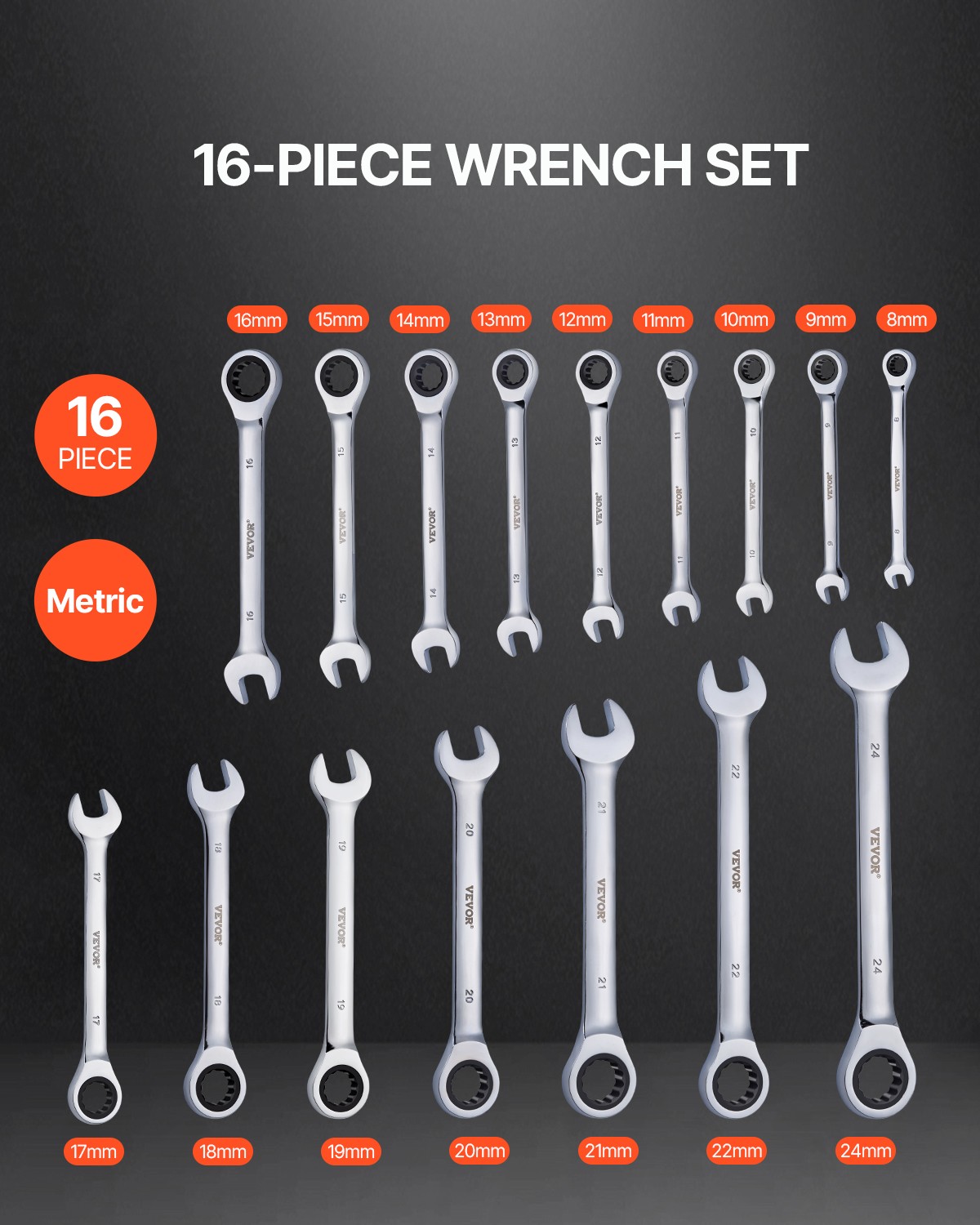 VEVOR Combination Wrench Set 16-Piece Metric 8 mm to 24 mm with Organizer Rack
