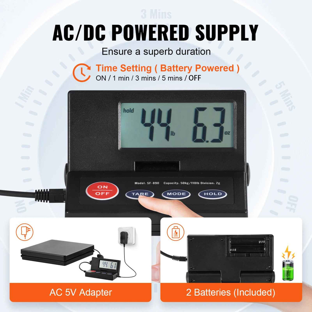 110lb Digital Shipping Scale w/ Timer, Foldable LCD, AC/DC Postal Scale
