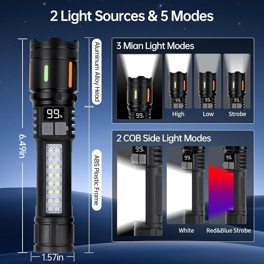 2 x 99000000 Lumens Super Bright LED Tactical Flashlight Rechargeable Work Light