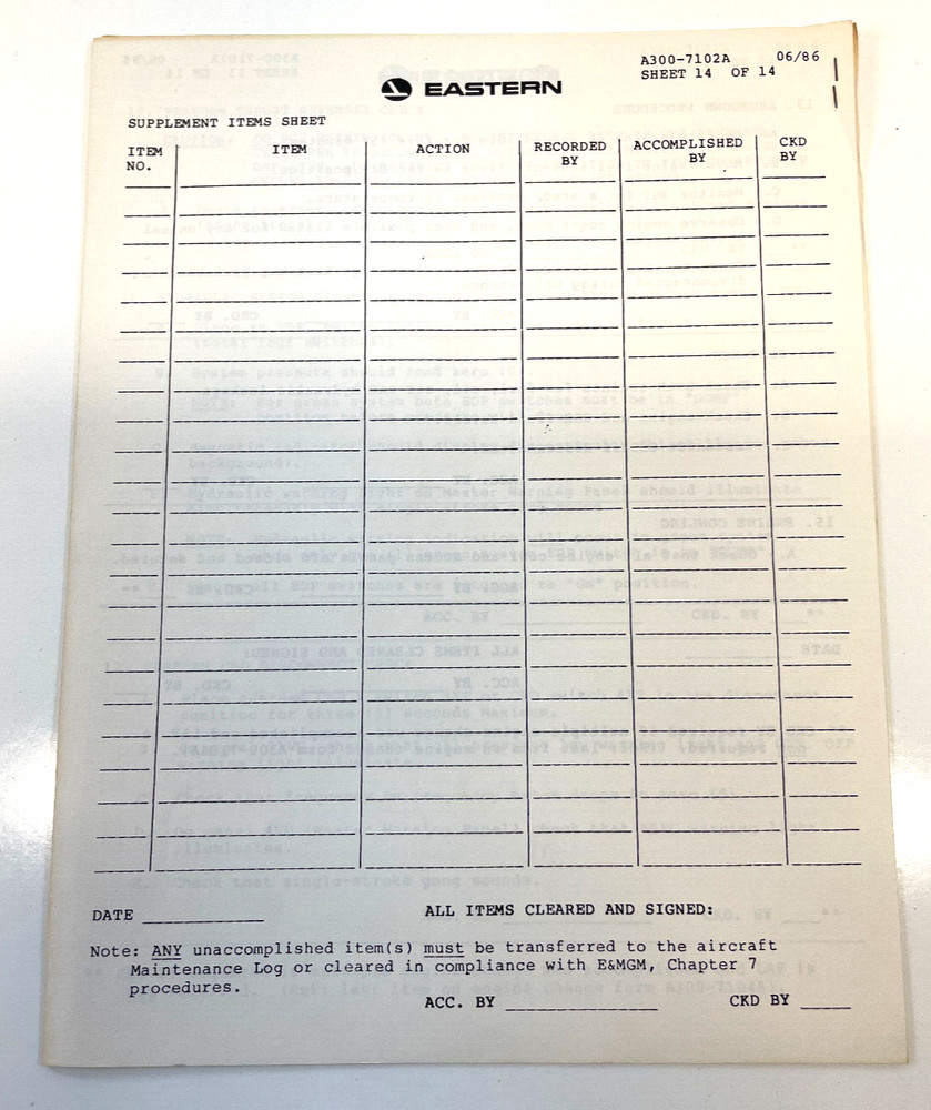 VTG Eastern Airlines Airbus A300 Engine & Systems Operational Check Record Form