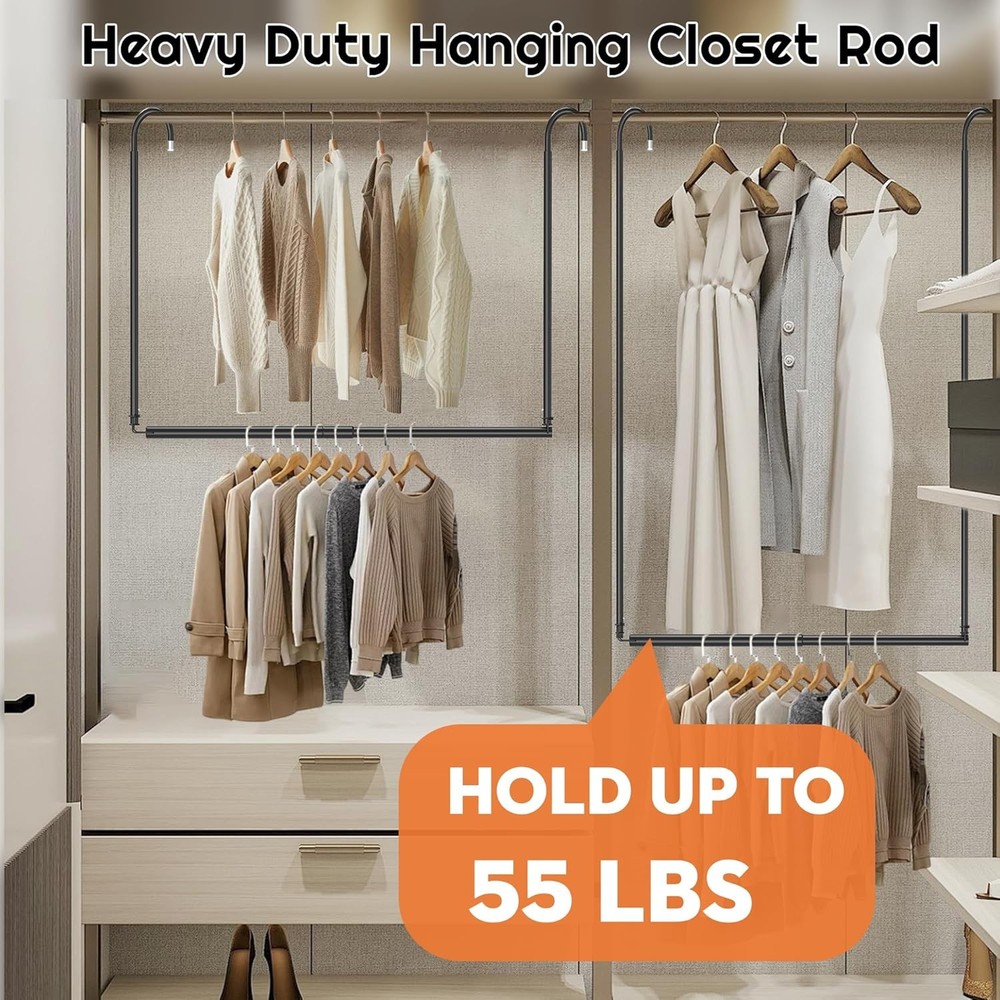 Hanging Closet Rod Adjustable Width Height Black(2 Pack), 2 Pack Black