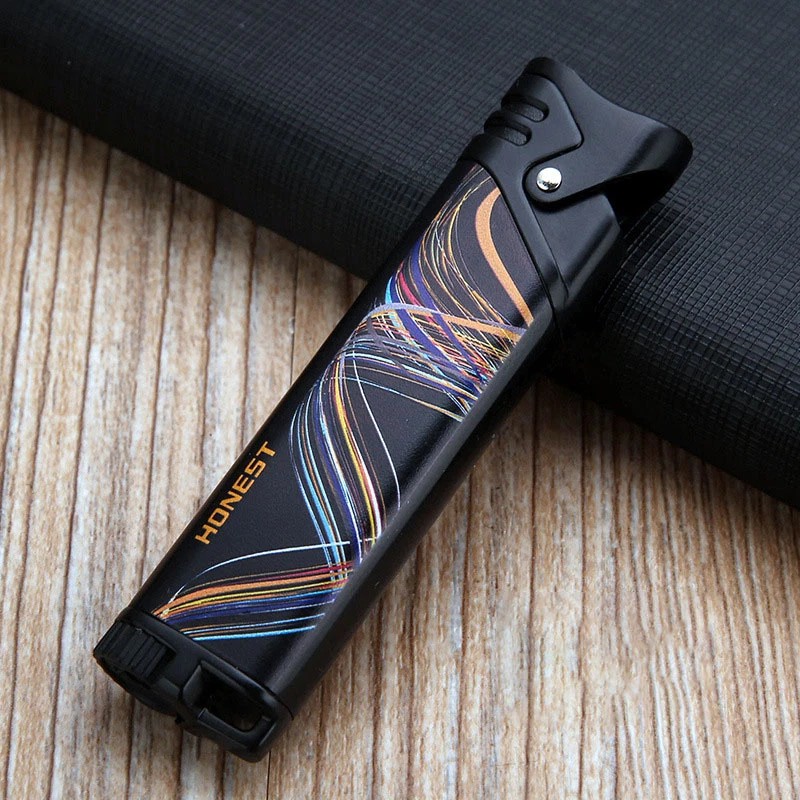 Cigar Lighter With Punch Tool Windproof Blue Flame Refillable Metal Design