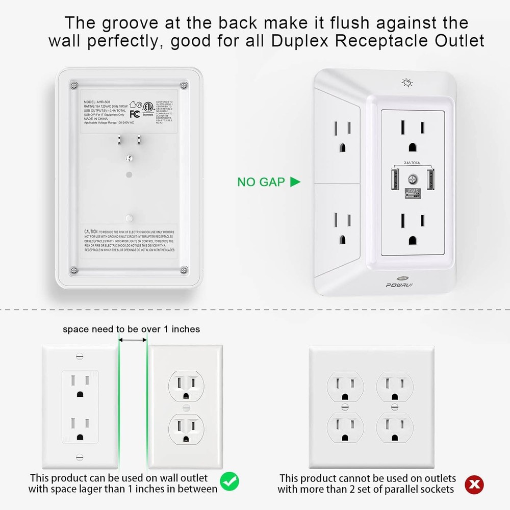 Multi Plug Outlet Surge Protector - POWRUI 6 Extender with 3 USB White