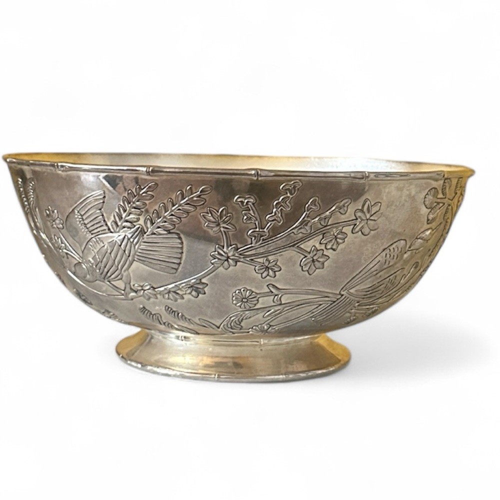 Godinger Silver Plate Decorative Large Fruit Bowl with Flower and Bird Design