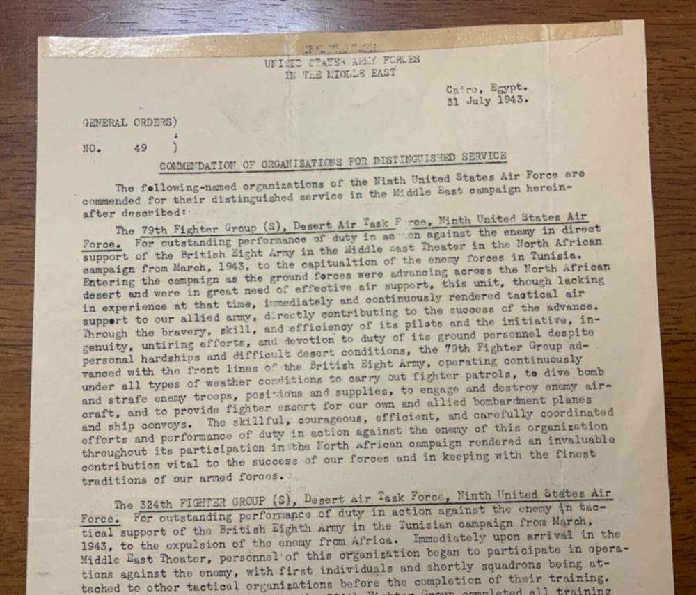 WWII Army Air Force Activation Day Program Commendation Document 324th FG 9th AF