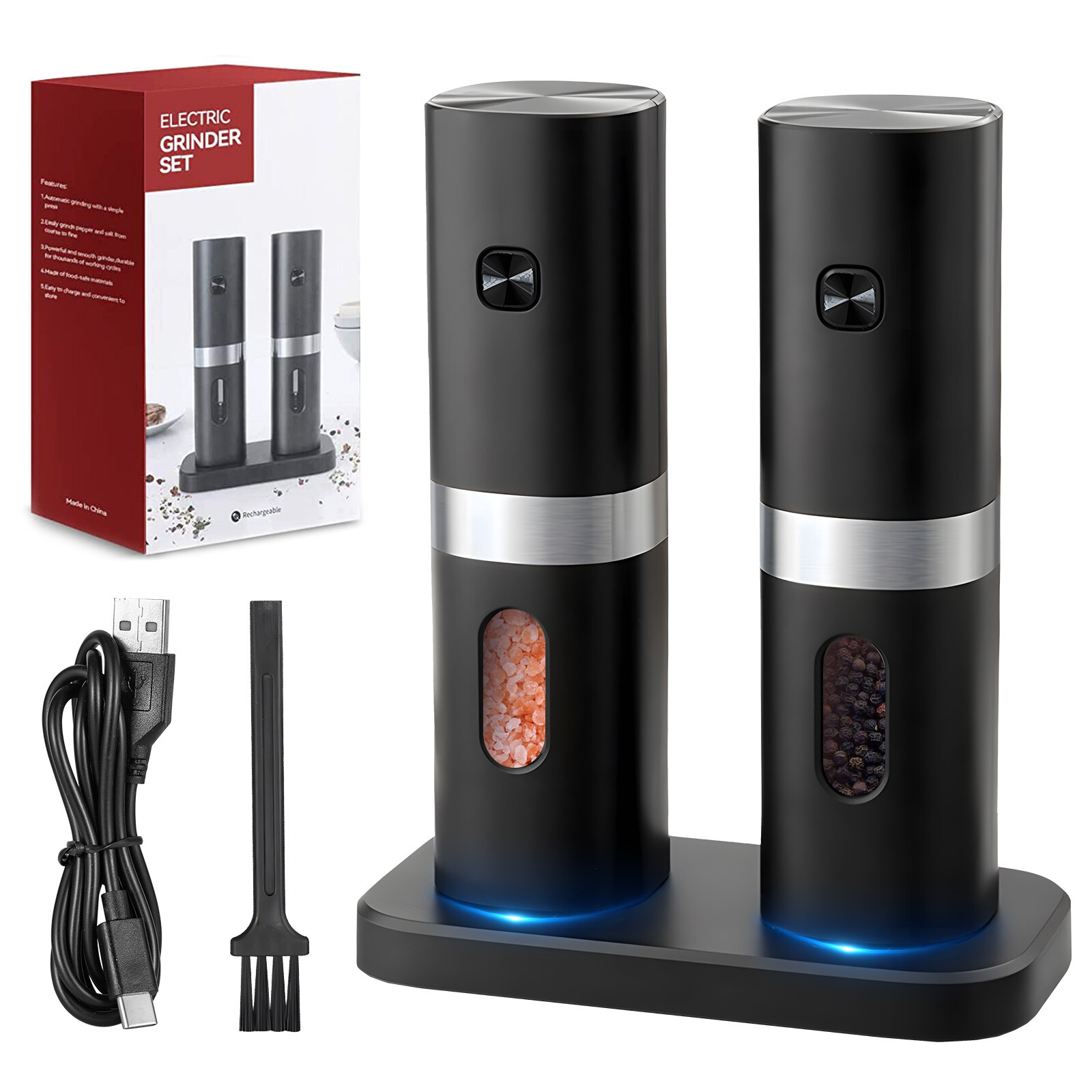 Electric Salt and Pepper Grinder Set with Rechargeable Base Mill-Adjustable