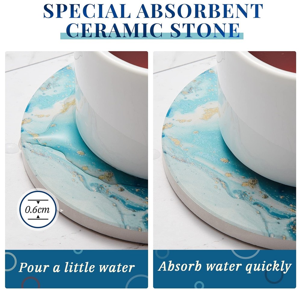 8 Pieces Coasters for Drinks with Holder, Marble Ocean Pattern Ceramic Absorb...