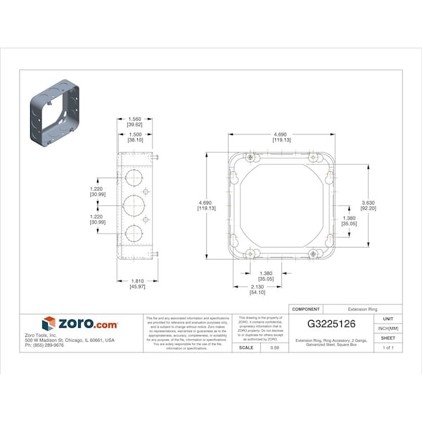 Raco 250 Extension Ring, 2 Gangs, Galvanized Steel, Square Box Type