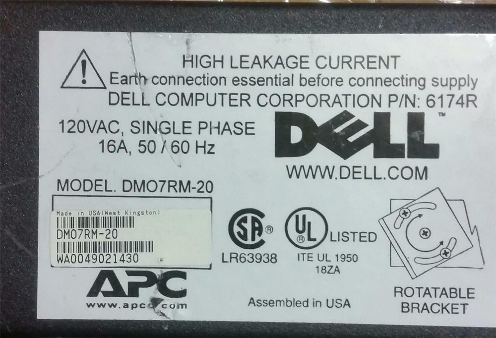 APC DELL 6174R DM07RM 15A Server Rack Mount PDU Basic 1U 0U Type B Plug 3 Pin