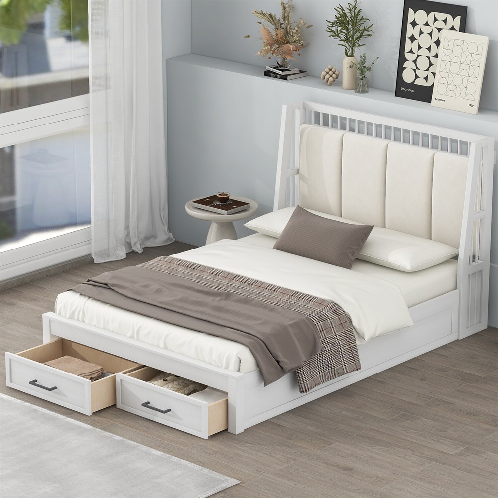 Full/Queen Size Bed Frame Upholstered Platform Bed Frame with 2 Drawers White