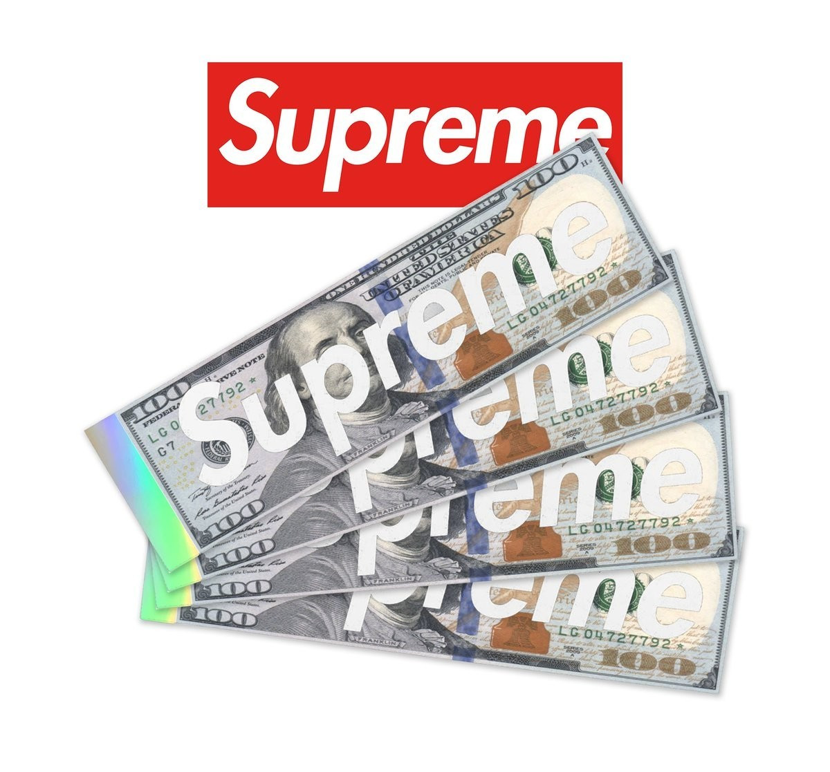 Supreme Money Ben Franklin 100 Dollar Bill Holographic Box Logo Sticker FW25