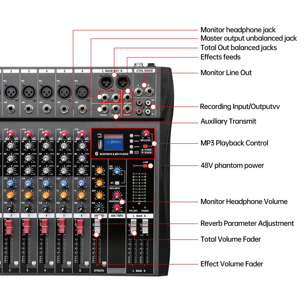 6/8/12/16 Channel Mixing Console Live Studio USB Bluetooth Professional Mixer