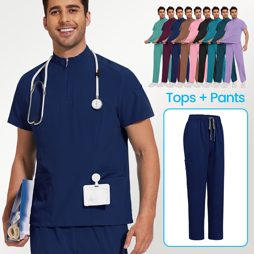 NiaaHinn Uniform Men Scrub Set Medical Doctor Scrub Uniform Zipper-Top Unisex