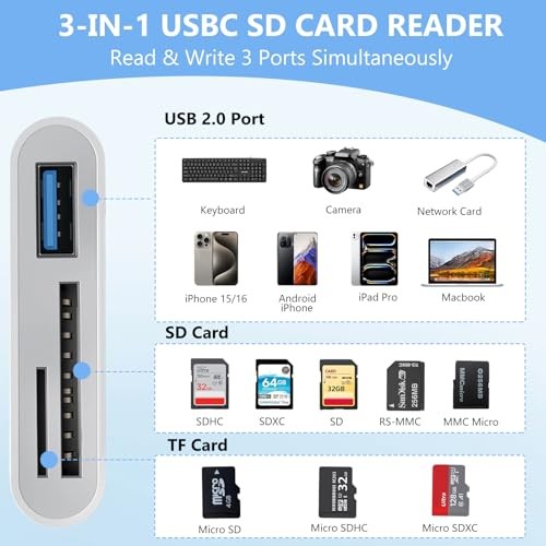 USB C SD Card Reader for iPhone Adapter, 3-in-1 Memory Card Reader Dual Slots