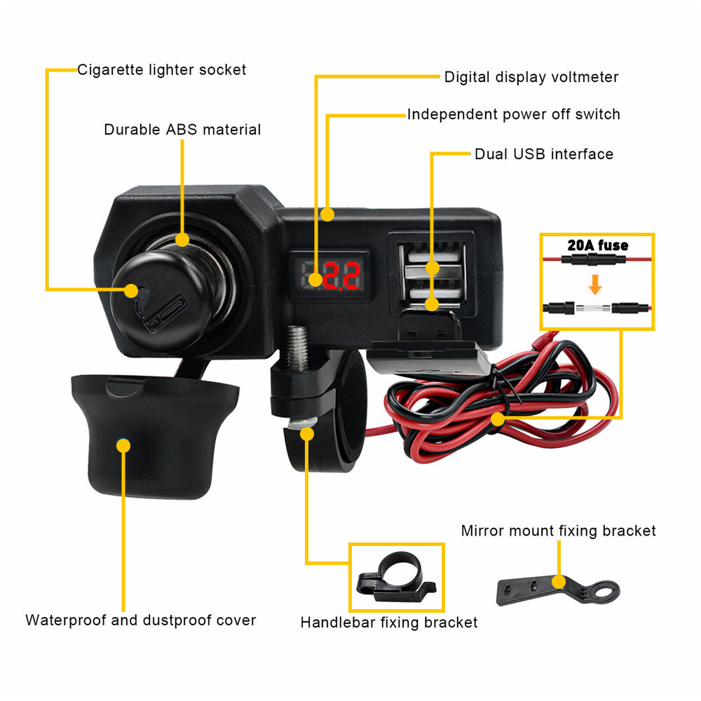 Motorcycle Handlebar Dual USB Phone Charger Cigarette Lighter Socket Voltmeter