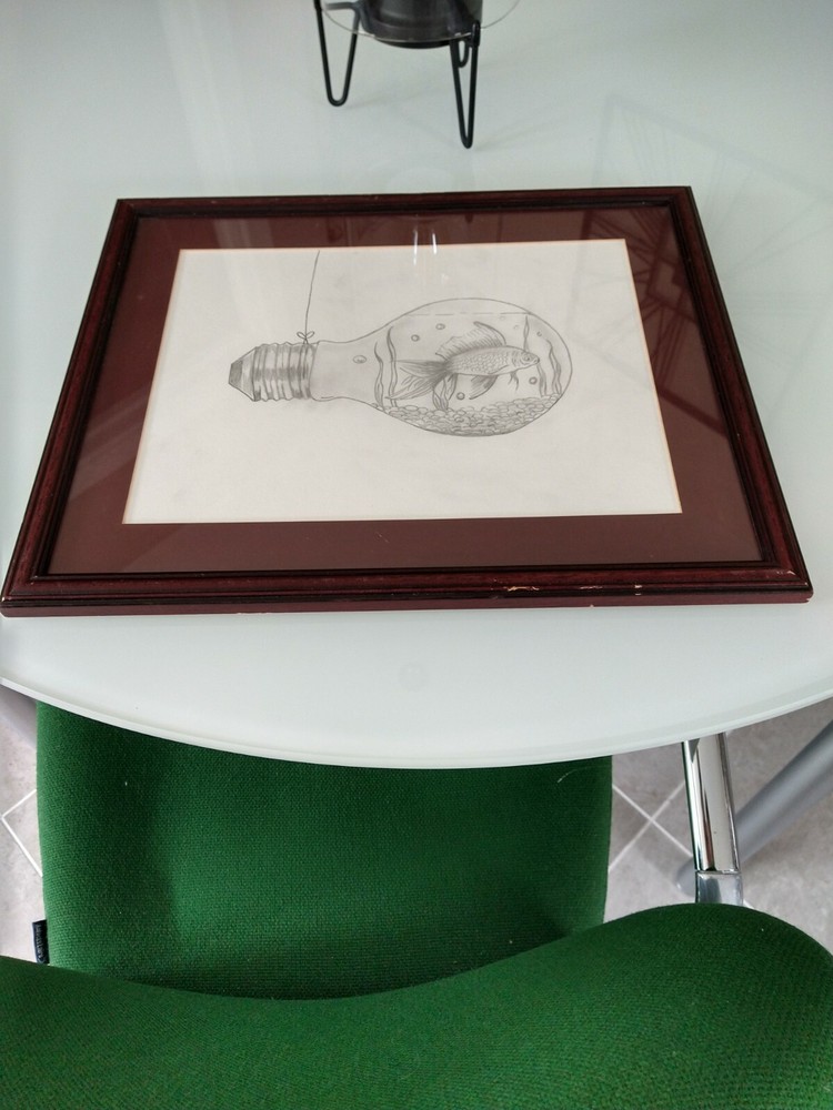 Framed Pencil Sketch Goldfish In A Lightbulb