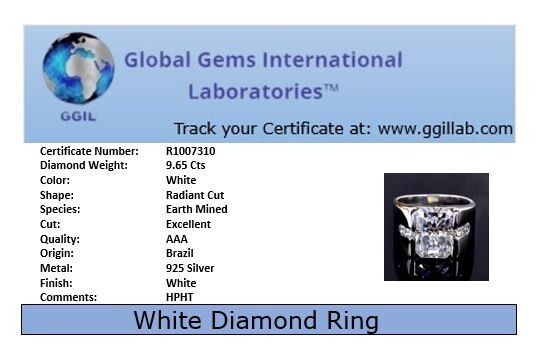 9.65Ct Certified Radiant Cut White Diamond Solitaire Ring ! FREE Diamond studs!