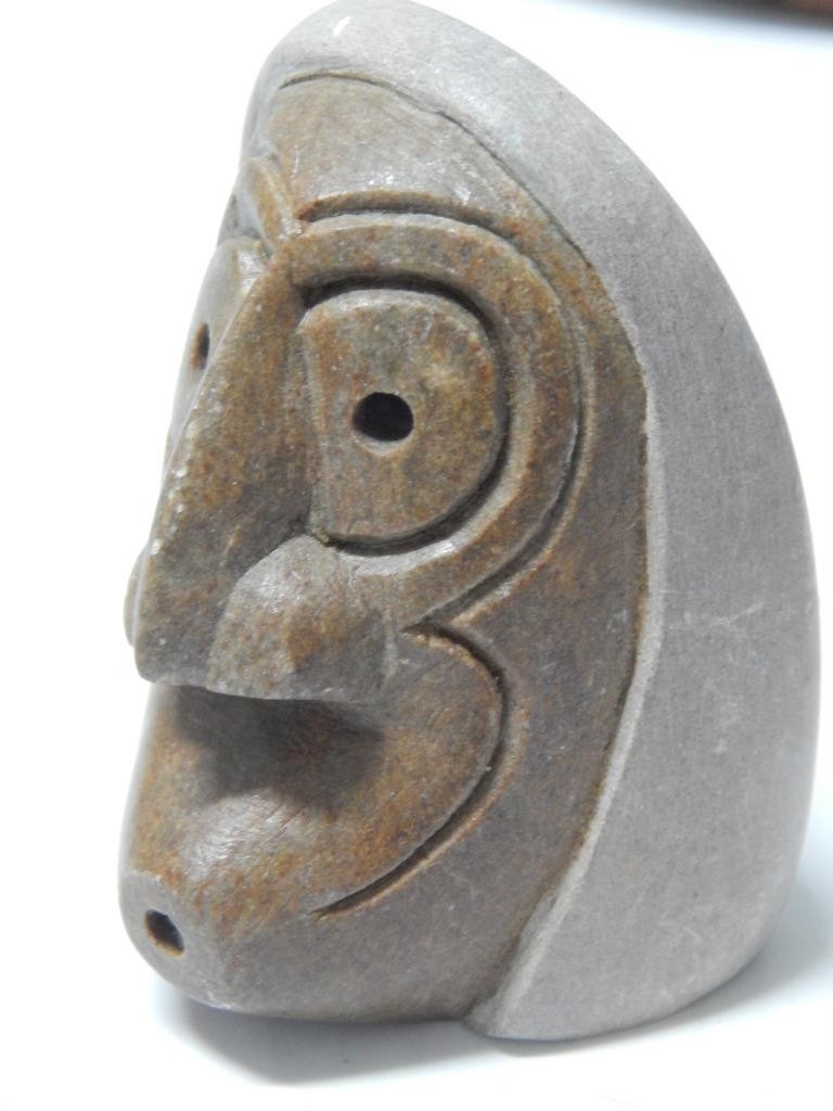 STONE IROQUOIS INDIAN CARVED MASK SCULPTURE - FALSE FACE WHISTLER - XLNT COND