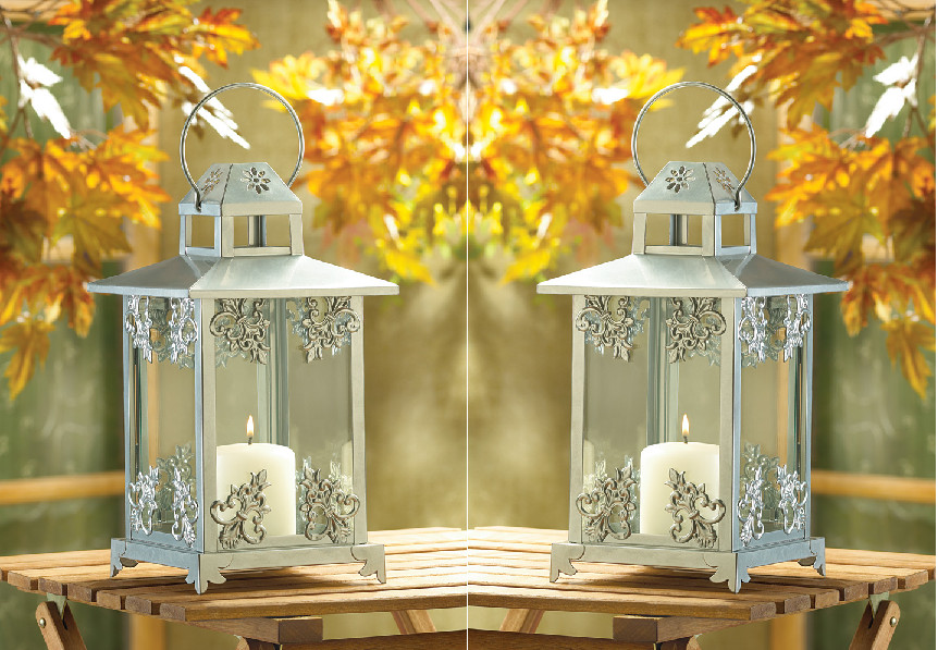 SILVER SCROLLWORK CANDLE LANTERN - 13" HIGH - IRON & GLASS