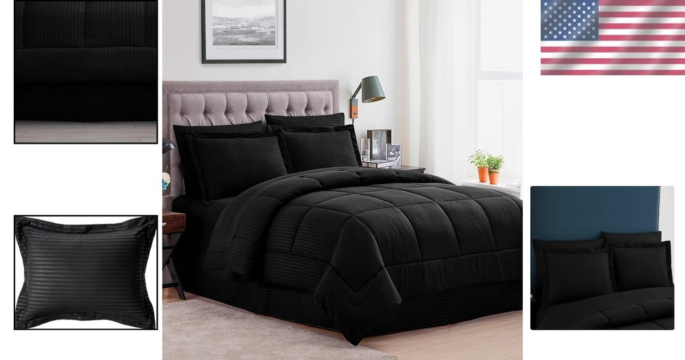 Black Dobby Queen Comforter Set with 8 Pieces