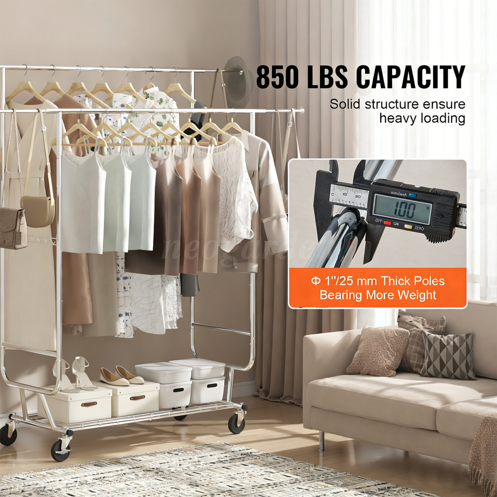 Mobile Coat Rack, Retractable Adjustable, Heavy Duty Chrome with Bottom Shelf