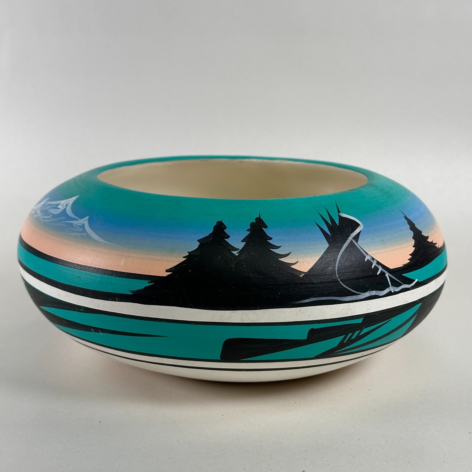 Navajo Pottery Bowl Hand Painted Forest Scenes - Signed