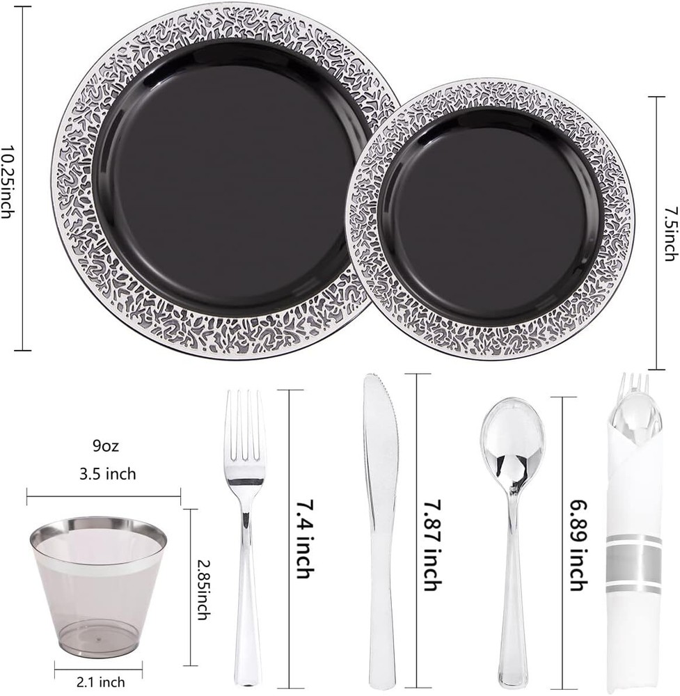 210PCS Silver Plate, Disposable with Plastic Silverware and Silver Cups