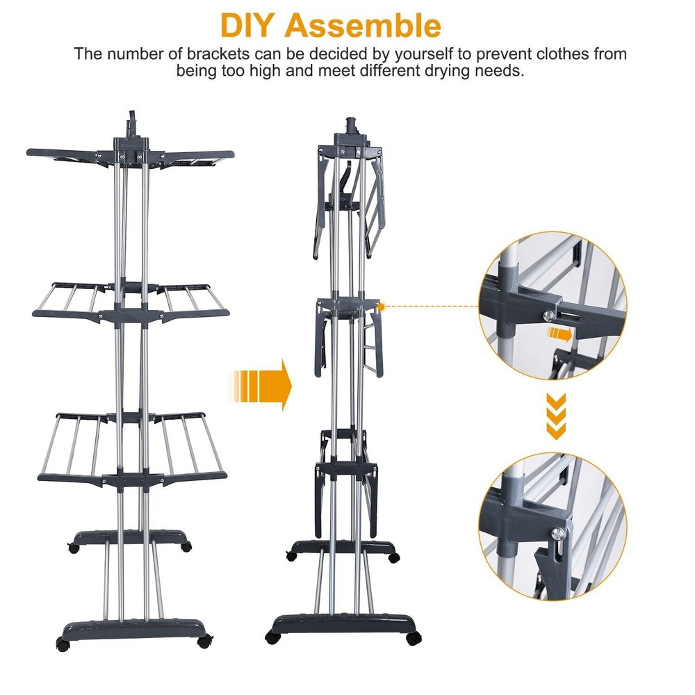 3 Tier Laundry Organizer Folding Drying Rack Clothes Rolling Hanger Stand Holder