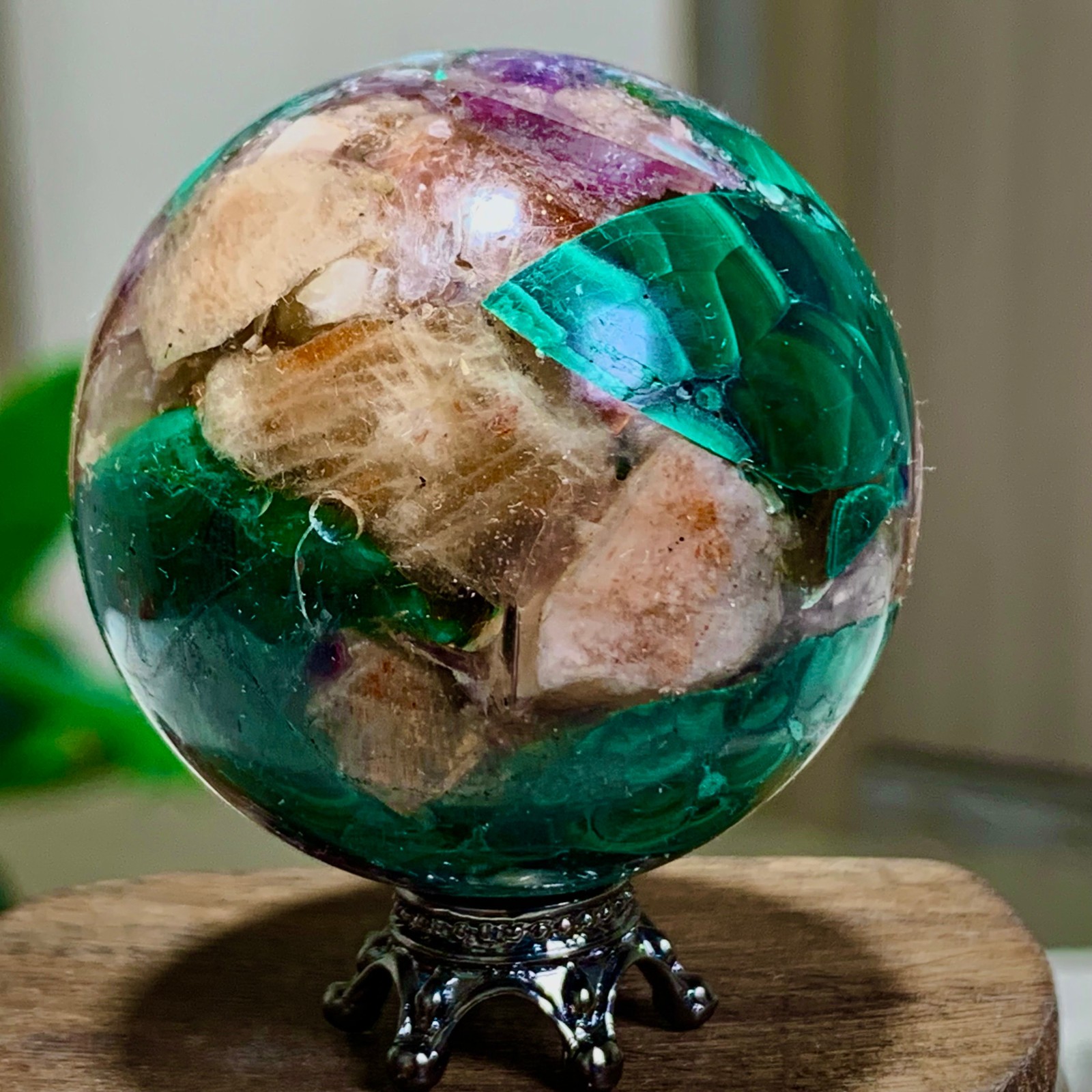 84G Newly discovered rare malachite purple mica symbiotic sphere restoration