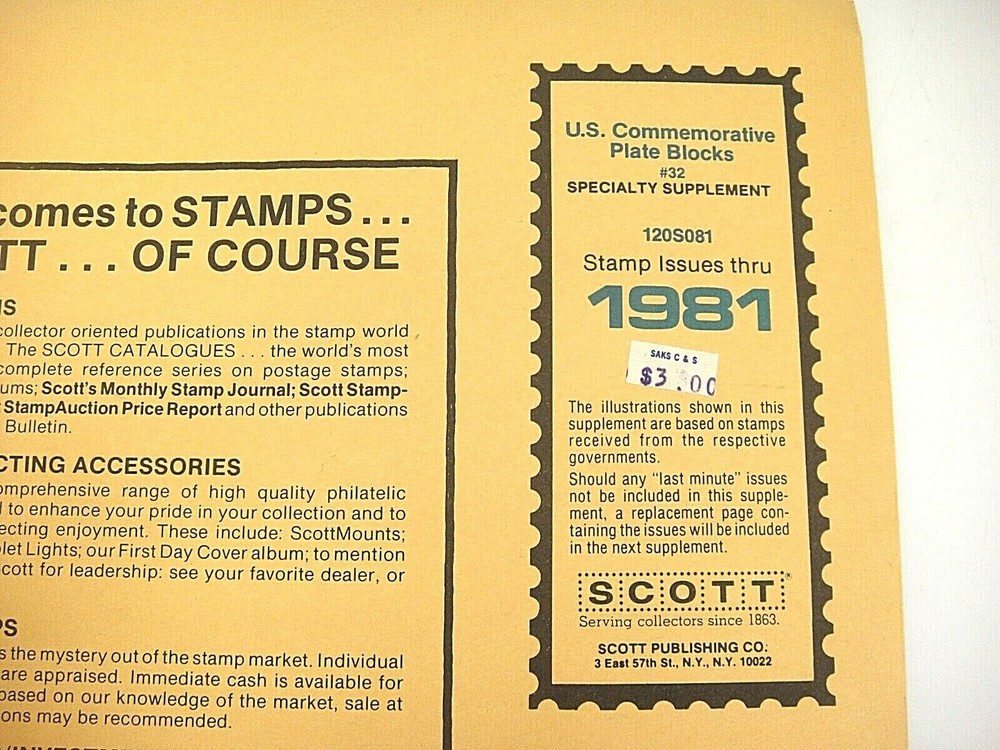 Scott 1981 US Commemorative Plate Blocks Supplement #32 120S081 NOS