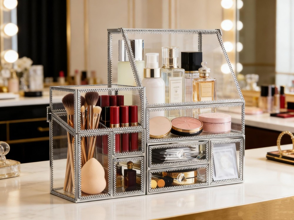 Hersoo Glass Makeup Organizer for Vanity/Stackable 2Pieces Drawer S... Fast Ship