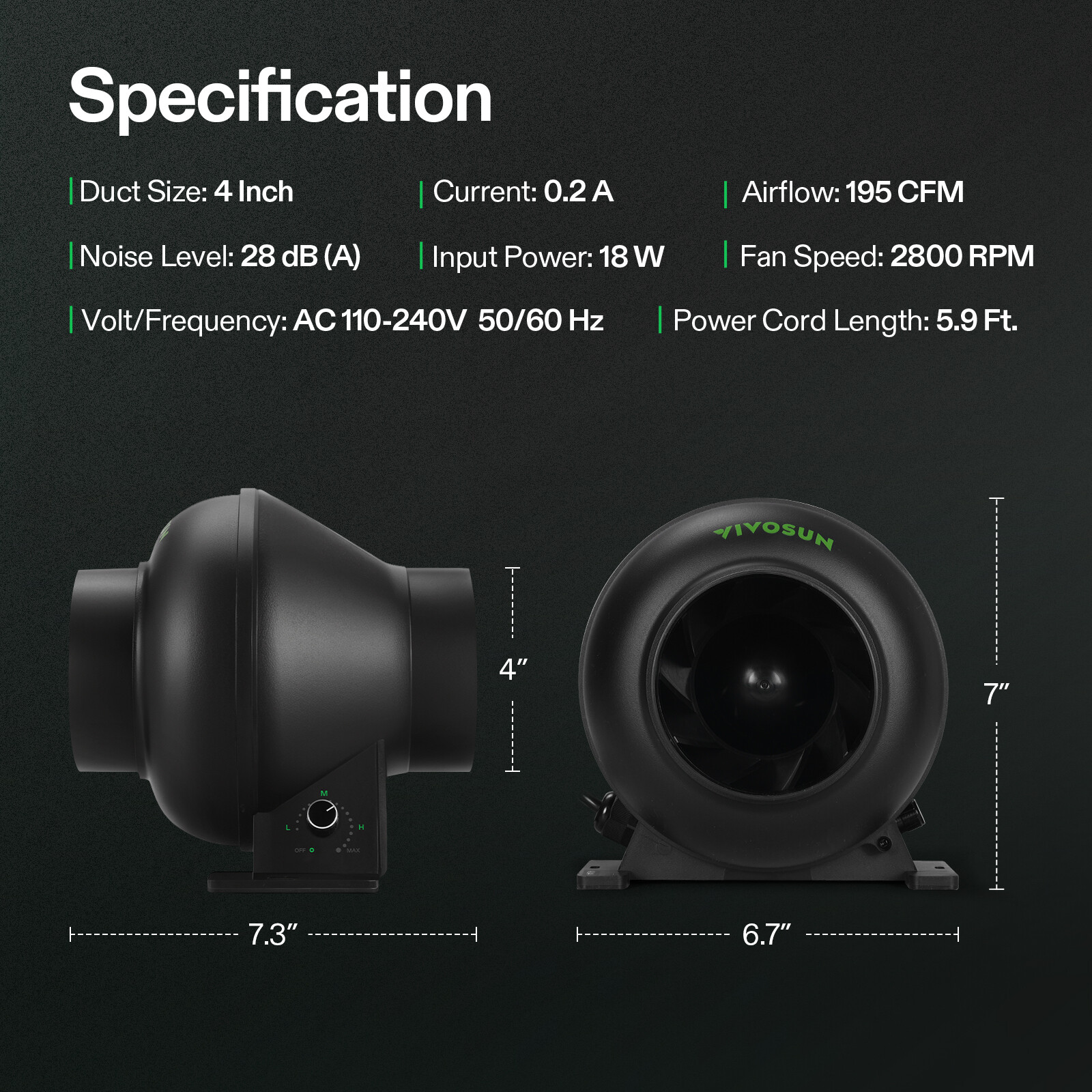 VIVOSUN M4 4" 195CFM Inline Duct Ventilation Fan 2800RPM Adjustable Speed