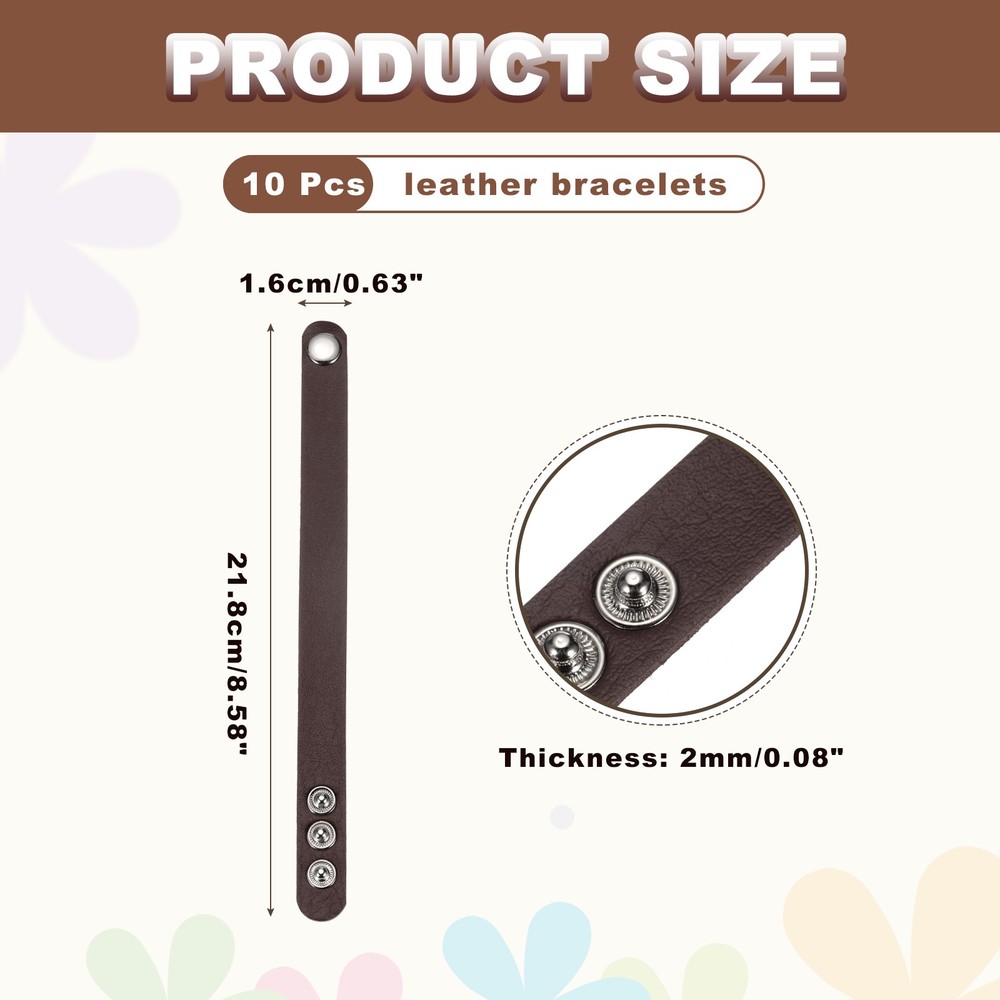 10 Pcs Plain Leather Bracelets Leather Snap Bracelets, Brown