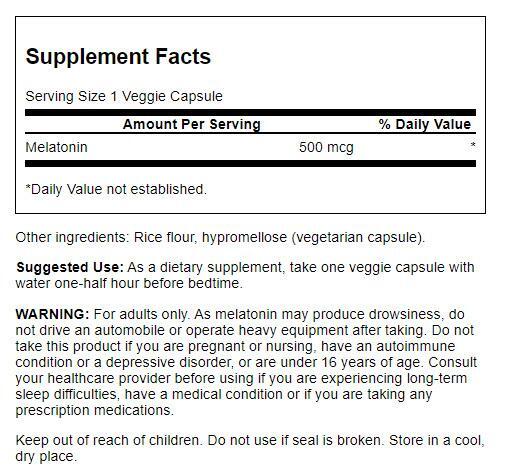 Swanson Melatonin 500 Mcg 60 Veggie Capsules