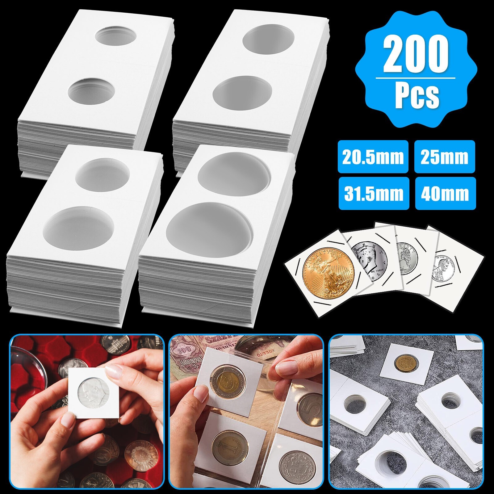 200PCS/Set Assorted Coin Holders 2X2 Cardboard Mylar Flips Include 4 Sizes