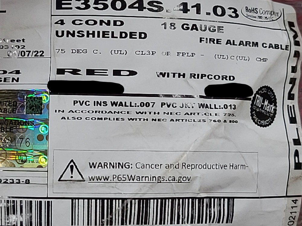 Carol E3504S 18/4C Solid Plenum Fire Alarm Wire Cable FPLP Red /100ft