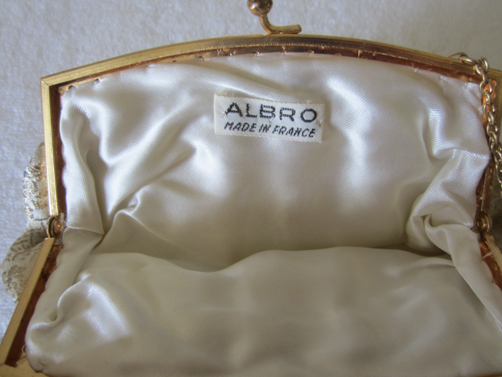 ALBRO of France Small Cream Gold Evening Bag Vintage 50s Brocade w/Kiss Lock