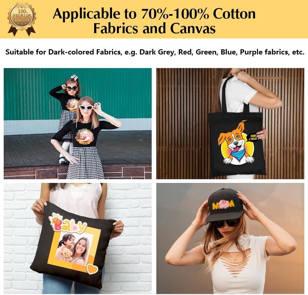 Vibrant & Durable Heat Transfer Paper 50 Sheets for Dark Cotton Fabrics - 8.5x11