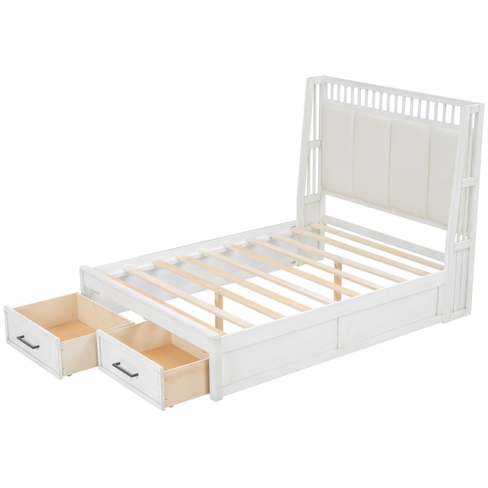 Full/Queen Size Bed Frame Upholstered Platform Bed Frame with 2 Drawers White