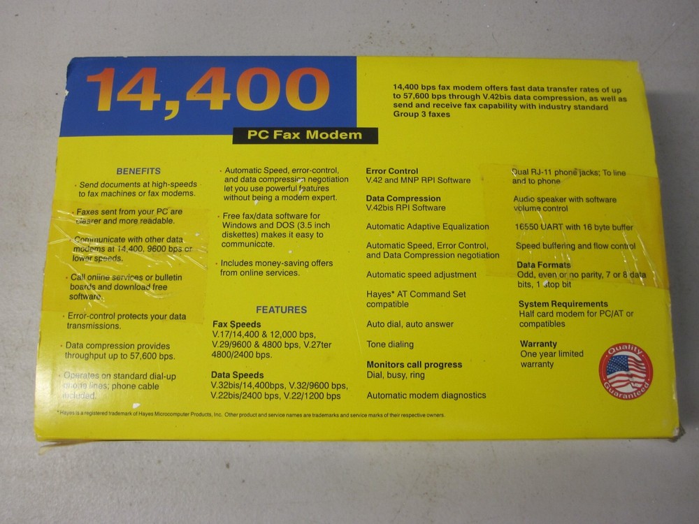 Delrina 14400 Bps Win & Dos Fax Pc Internal Half Cards Modem For PC/AC