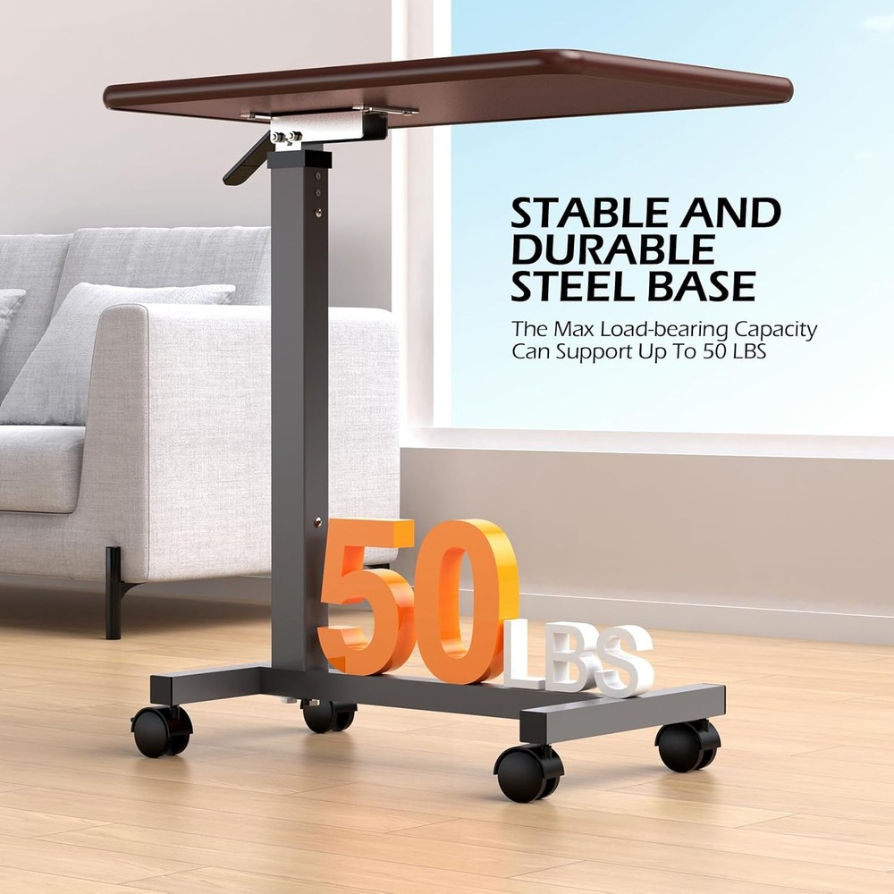 Adjustable Overbed Table with Wheels, Bedside Rolling Table, Pneumatic Height Ad