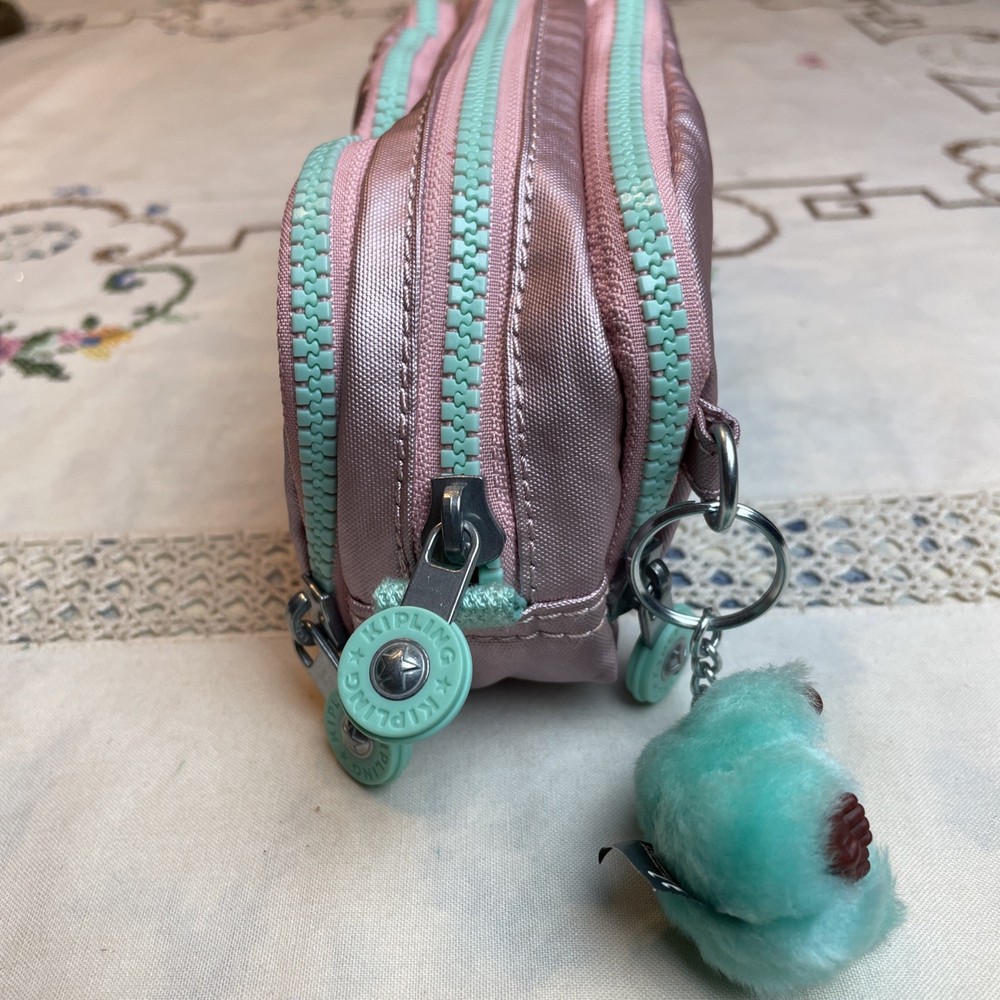 Kipling Gitroy Metallic Pencil Case Pink With Green Trim