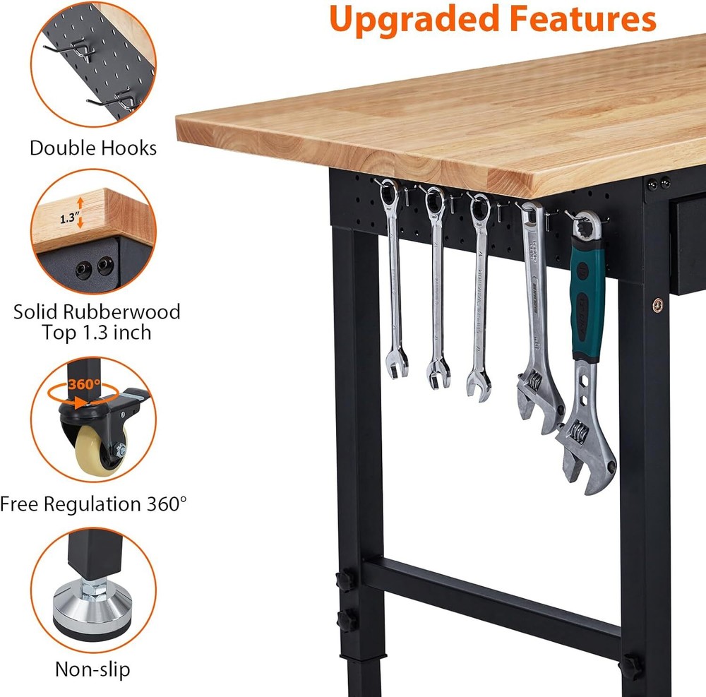 60" Adjustable Workbench with Drawer Storage, Adjustable Height Worktable Wood