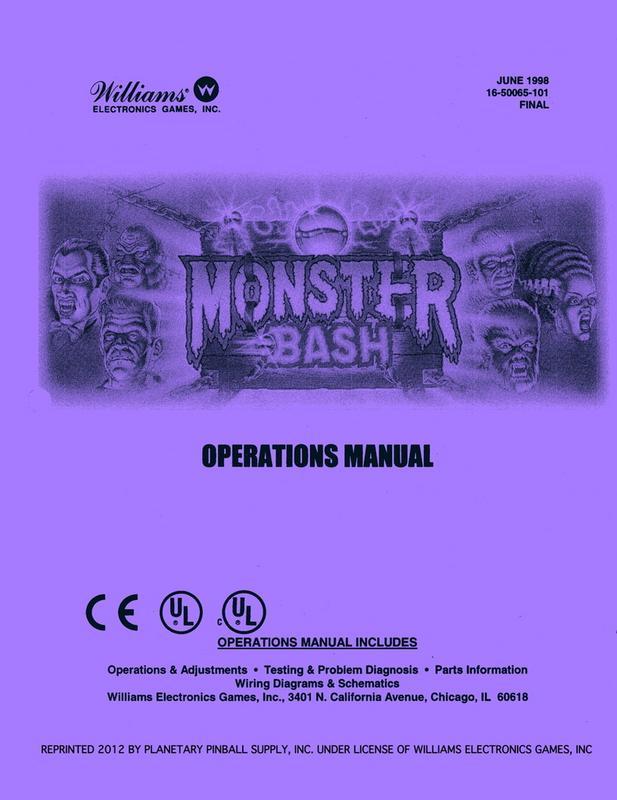 Monster Bash Pinball Machine Operations/Service/Repair Manual Williams PPS 2E/xa