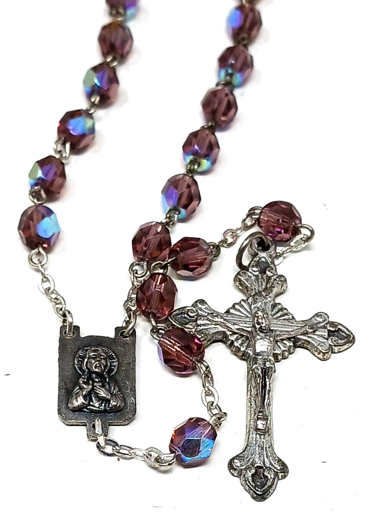 Catholic Rosary Cross Purple AB Aurora Borealis Glass Bead SilverTone Chain J6Db